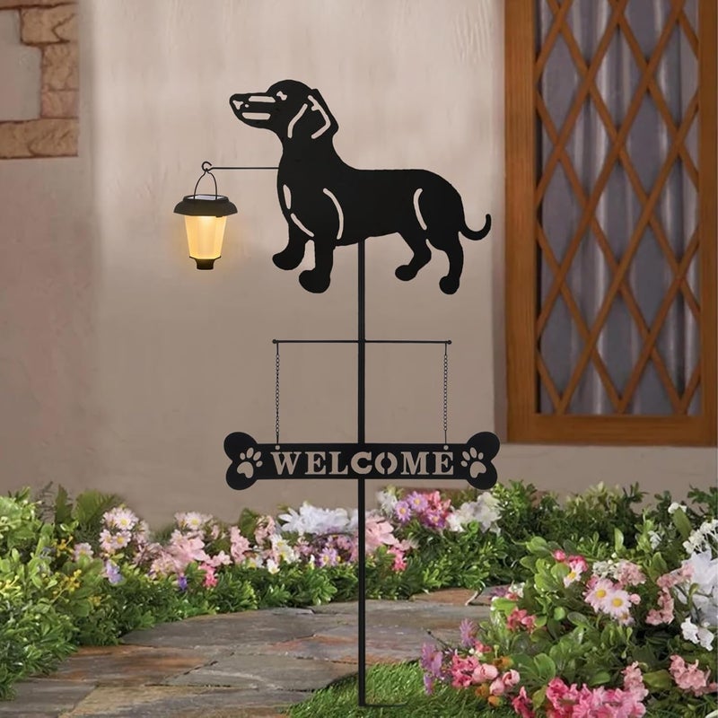 BAYN Solar Dachshund Silhouette Dog Breed Welcome Sign with a Lantern Outdoor Decorative Garden Stakes for Yard, Lawn, Patio, Pathway - Image 2